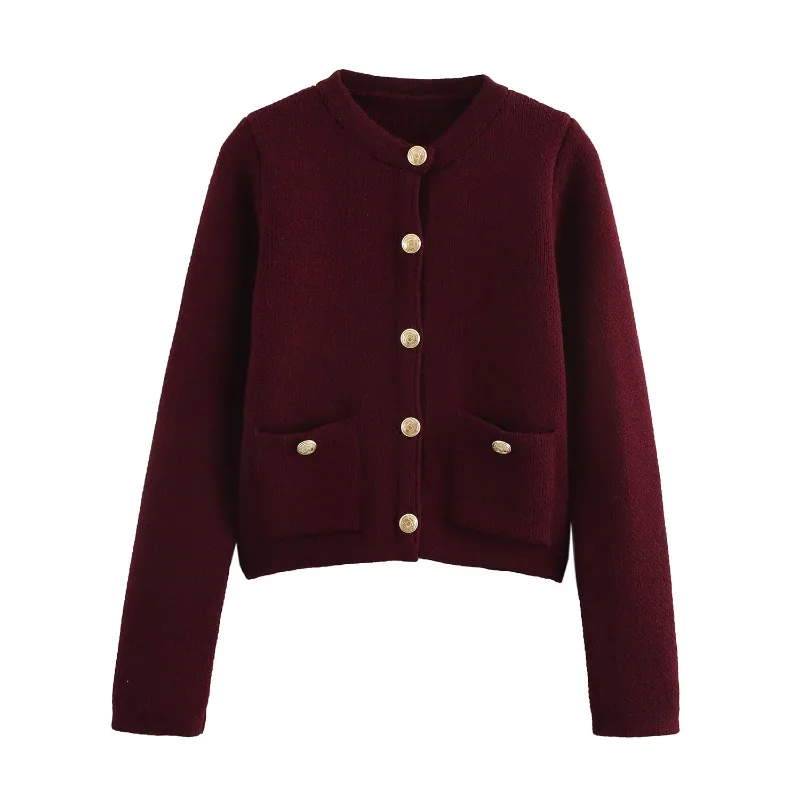 A New Autumn and Winter Fashion Women's Wear with Golden Button-down Long-sleeved Round-neck Knitted Coat, Casual and Versatile.