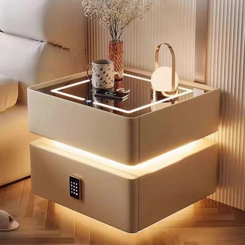 15W wireless charging smart bedside table fingerprint lock bluetooth speaker LED bedside table double drawer storage bedside