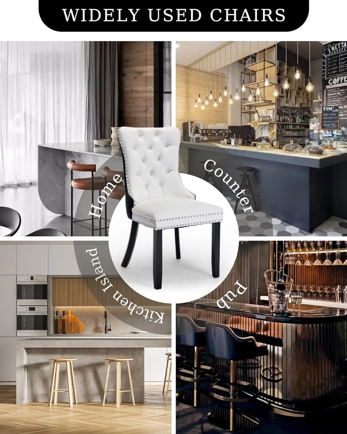 Set di 6 sedie da pranzo in pelle, imbottite trapuntate con finiture in chiodo e gambe in legno massello, bianco e nero