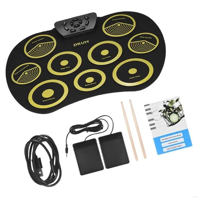 Electronic Drum Pads, 9 Pads Rolls up Practice Drum Set Built-in Speaker and Headphone Drum Sticks and Drum Pedal