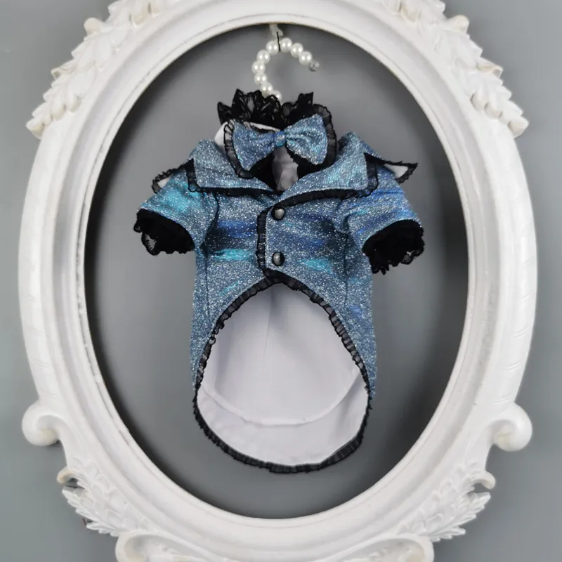 Handmade Sparkle Fabric Lace Dog Jacket Suit with Bow Tie Smart Fashion Cat Outfit Poodle Party Two-Piece Pet Clothes