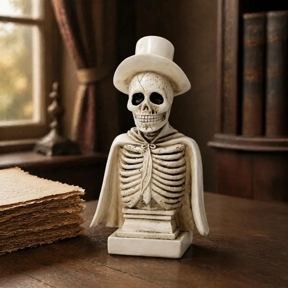 Skull Statue for Home Decor Halloween Skull Sculpture with Top Hat Spooky Resin Skeleton Figurine with Led Light for Haunted