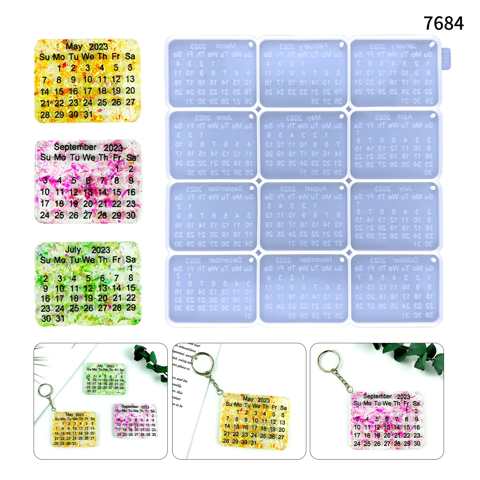 2023 Calendar Keychain Epoxy Resin Mold DIY Square Calendar Digital Key Chain Pendant Decoration Jewelry Silicone Mould