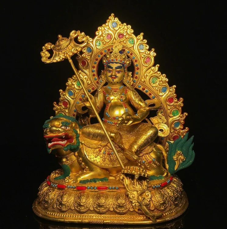 Nepal Bronze Gilt Painting Inlay Gem Vaishravana On Lion Protector Deity Statue
