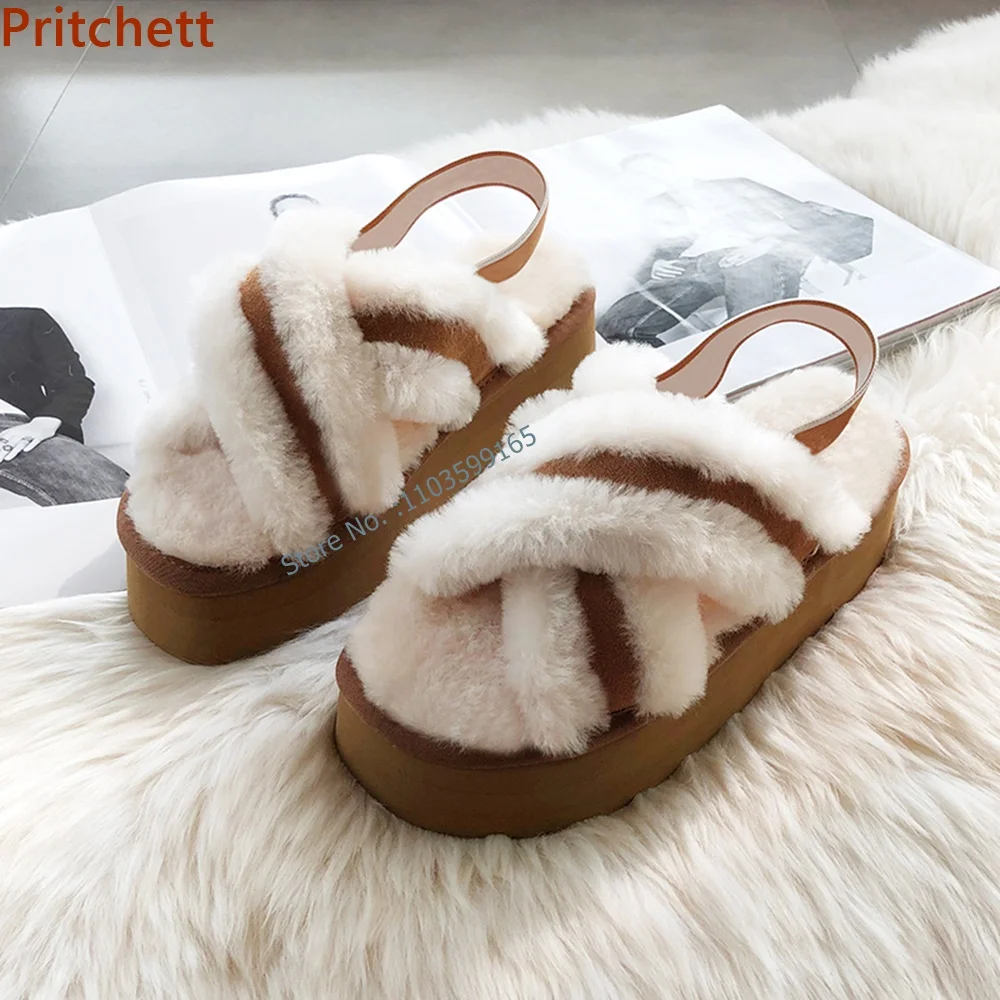 

Thick Soled Wool Slippers Furry Platform Round Toe Slingback Slip On Mixed Color Outdoor Slippers Winter Anti-Slip Shoes