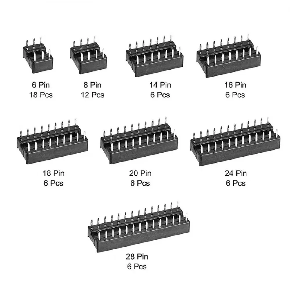 

DIP IC Sockets Adaptor Solder Type Socket Kit 6DIP 8DIP 14DIP 16DIP 18DIP 20DIP 24DIP 28DIP Pitch 2.54mm IC Connector 66PCS/Box