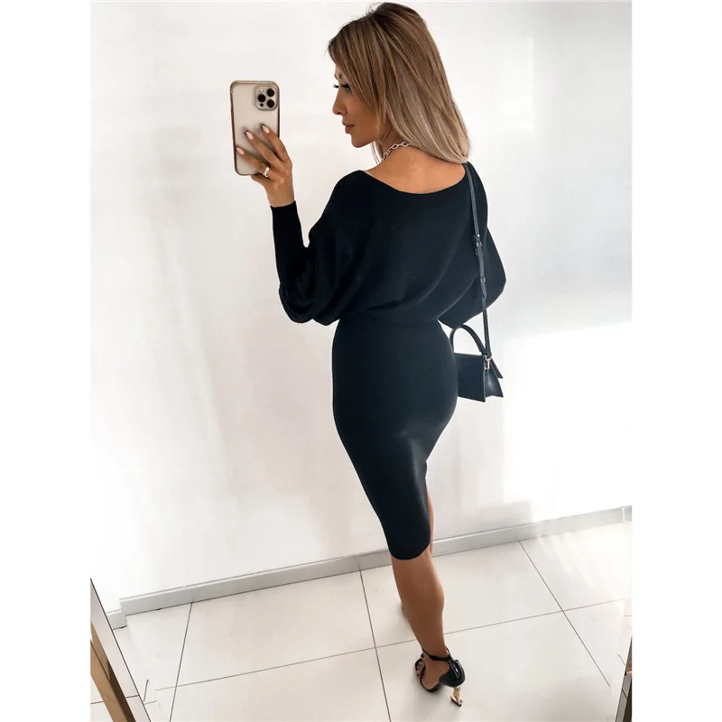 Women Autumn Winter 2024 Knitted Party Midi Dress Solid Office Lady Pullover Bodycon Slim Long Sleeve Sexy Sweater Dress