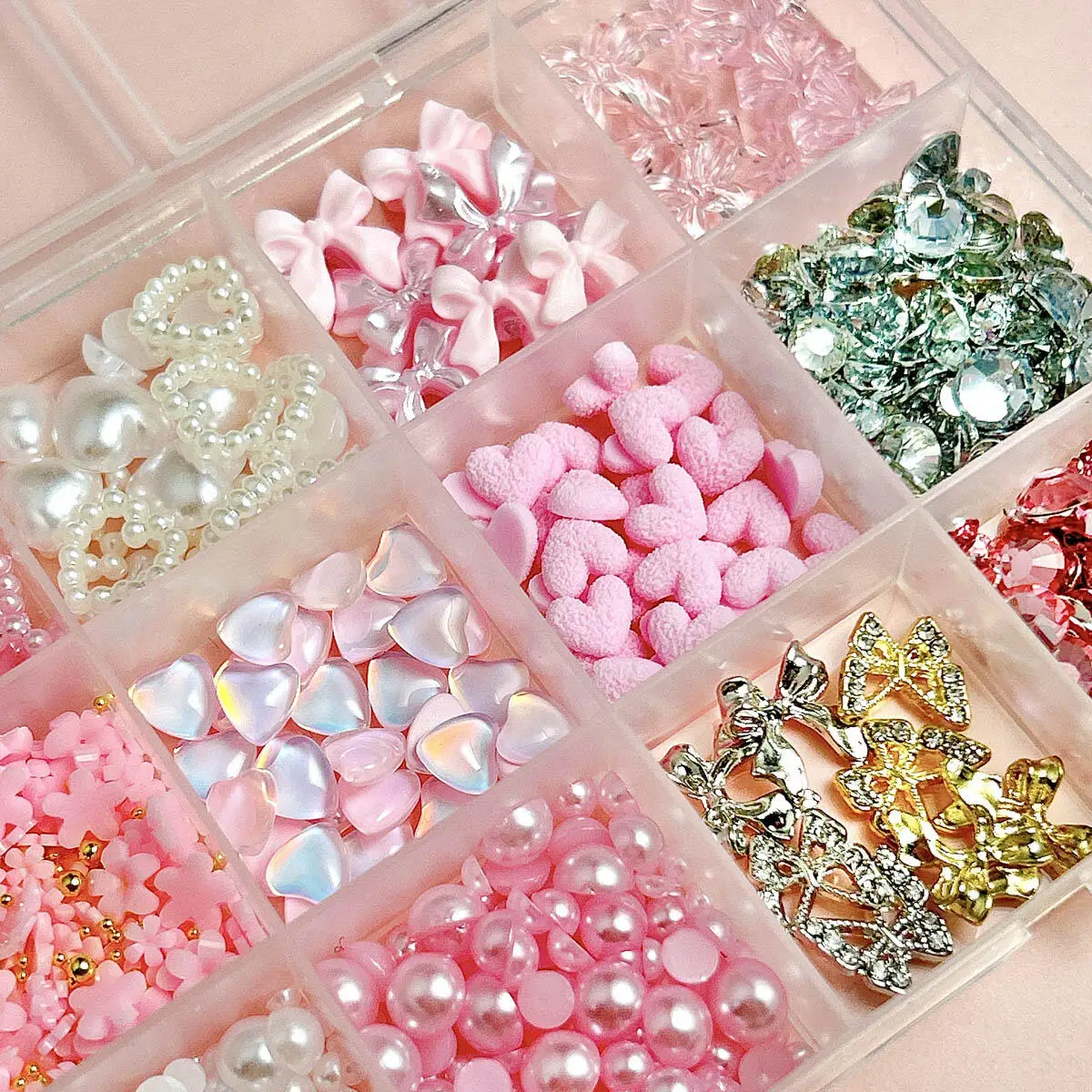 1 Box rosa weiße Harz Schleife Herz Nail Art Dekoration Mini Perle Strass Blume Nagel Charms handgemachte DIY Handwerk Zubehör