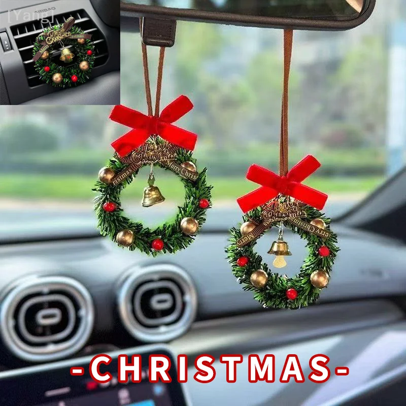 Cute Christmas Wreath Pendant For Car Interior Hanging Pendant Xmas Tree Jingle Bell Garland New Year Gifts Home Decoration