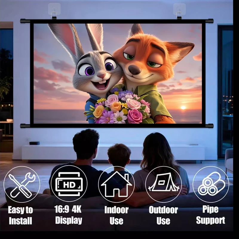 Multi-inches 16:9 Foldable, Wrinkle-Resistant, Washable Wall-Mounted Projector with a White Screen Suitable for Both Indoor