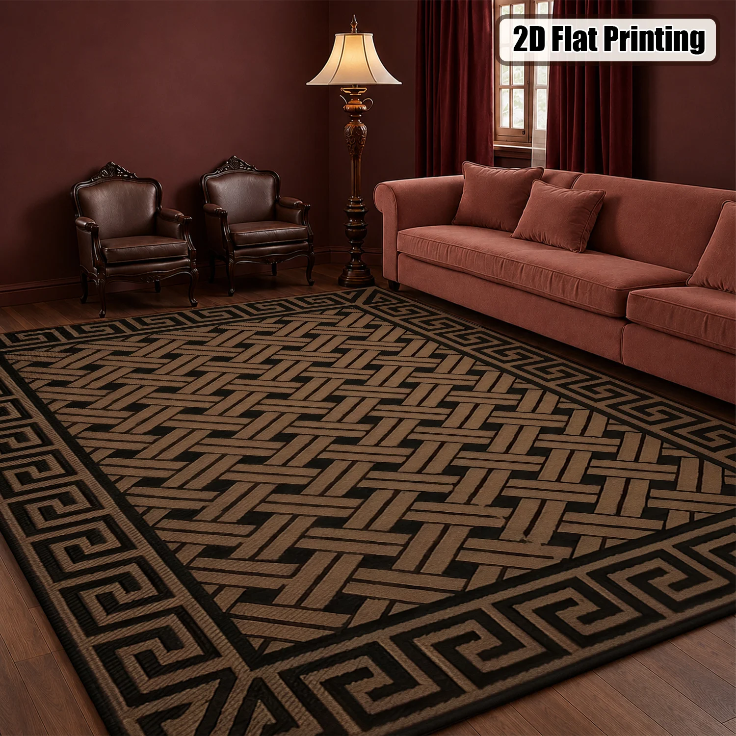 Large Indoor Area Rug, Soft Velvet Low Pile with Non-Slip Dotted Backing, Machine Washable Tan & Black Geometric Greek Key Woven Rug for Living Room, Bedroom, Entryway, Modern Home Decor - view 5