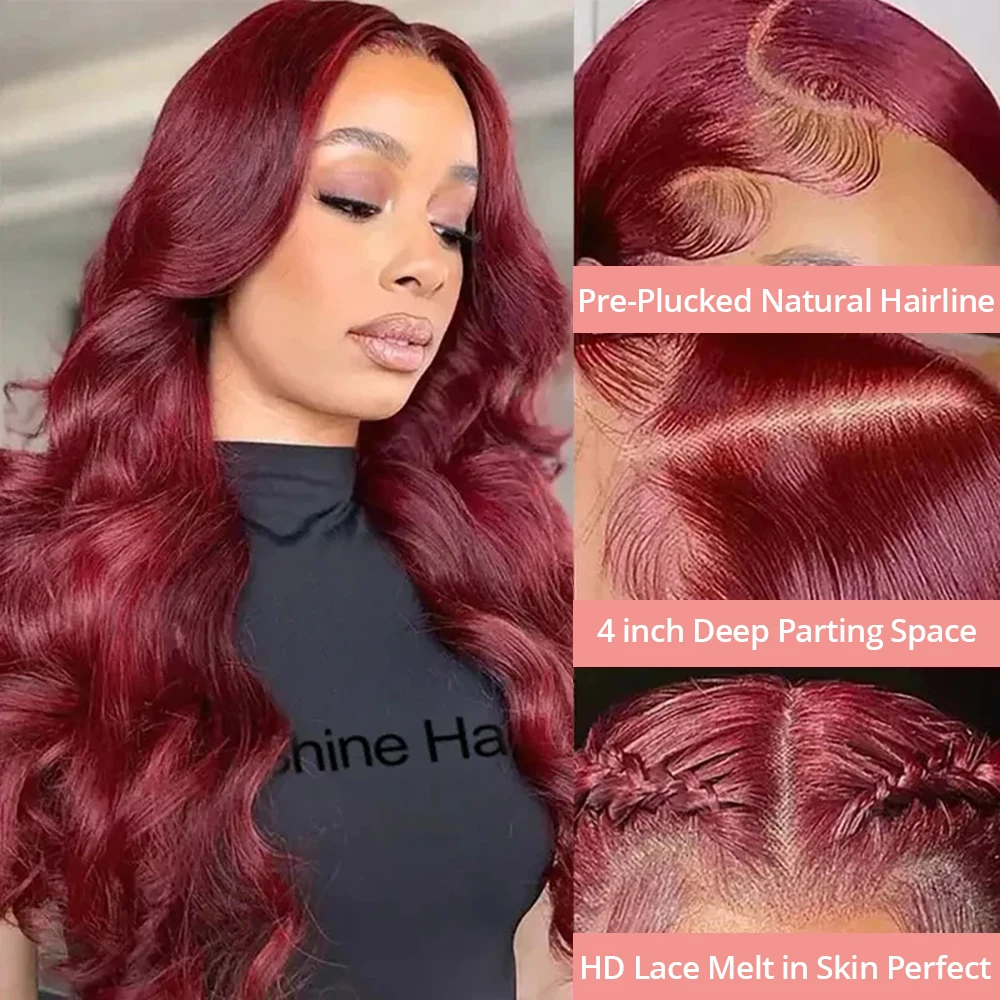 99j Merah Marun 13X6 Rambut Manusia Renda Depan Kepadatan 250 Gelombang Tubuh 7X5 13X4 Wig Tanpa Lem 40 Inci Berwarna Merah Siap Dipakai untuk Wanita
