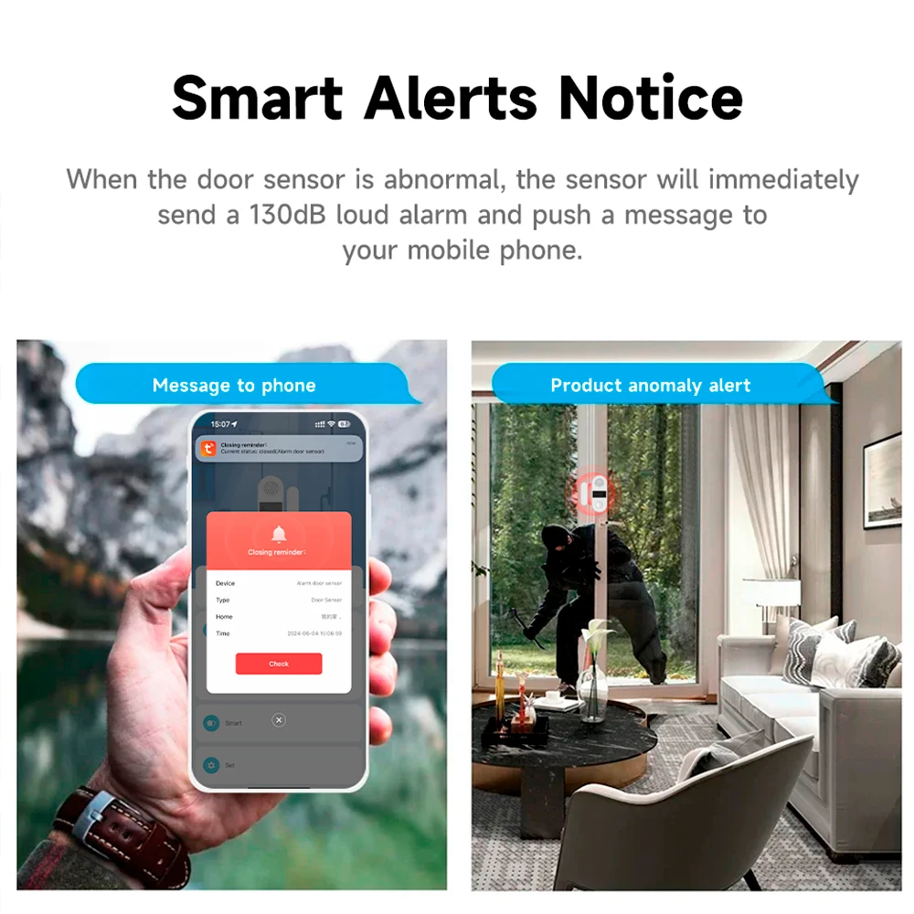 Tuya Door Sensor WiFi With Sound and Light Alarm 130dB Tuya ZigBee Windows Sensor Smart Home APP Remote Control Home Assistant