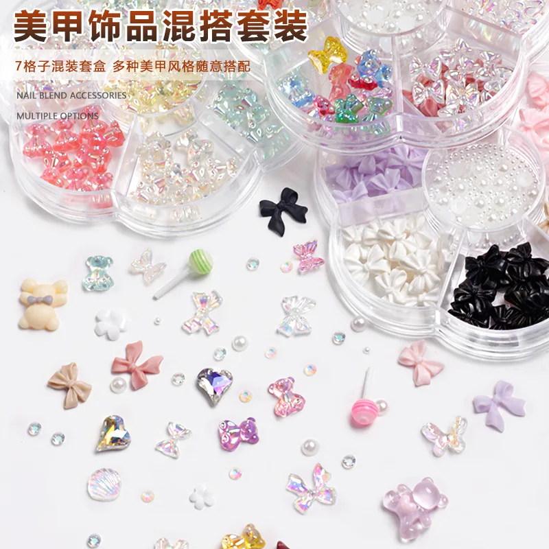 2024'S Christmas Bowknot/Bear Nail Art Decoration Mixed-Size Aurora Bow Nail Charms 7 Grids 3D Resin Bowknot Manicure Supplies