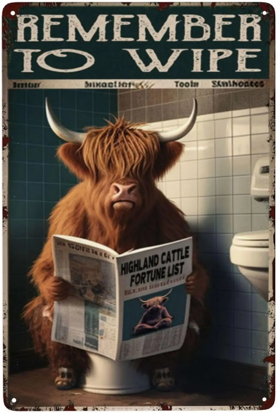 ZHIQUN Highland Cow Tin Poster IN - Remember to Wipe Humorous Toilet Sign for Cow Lover Gifts  Farmhouse Bathroom Aesthetic-A