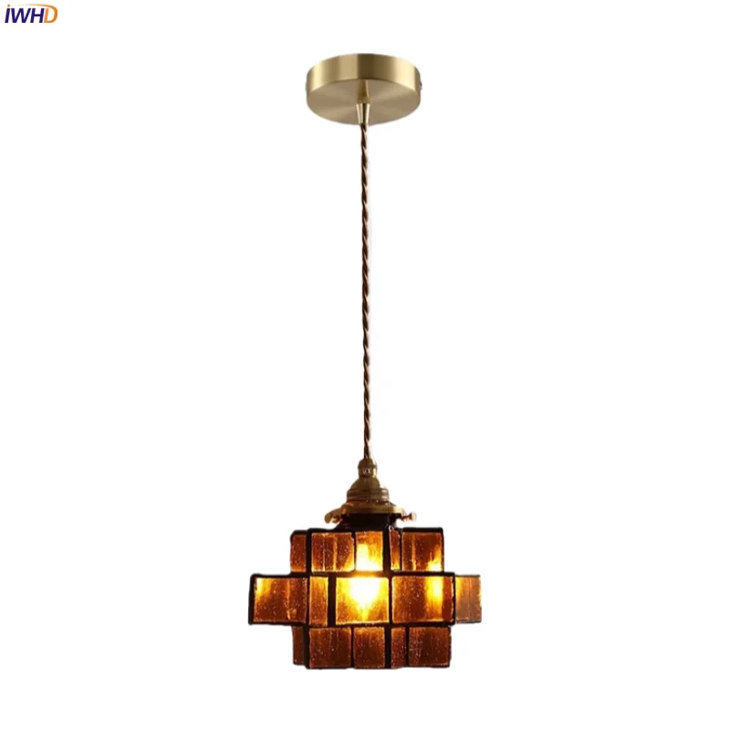 

IWHD Amber Glass LED Pendant Lamps Bedroom Restaurant Cafe Interior Lighting American Vintage Hanging Light Decoration Luminaire