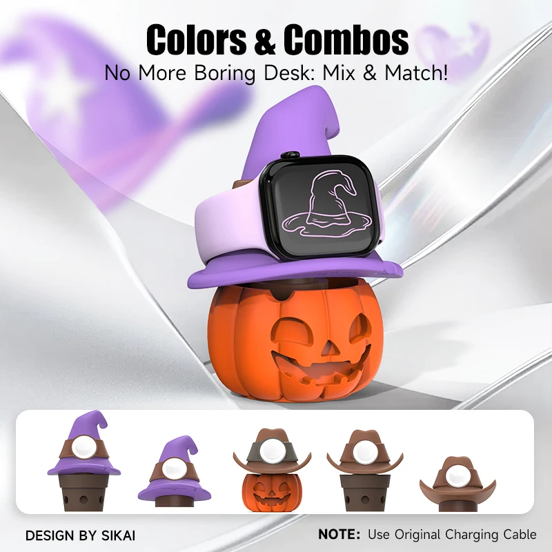 

Подставка для зарядного устройства Wizard Hat для Apple Watch Series Ultra 2/Ultra/10/9/8/SE2/7/6/SE/5/4/3/2/1, силиконовая док-станция с тыквой, зарядная база