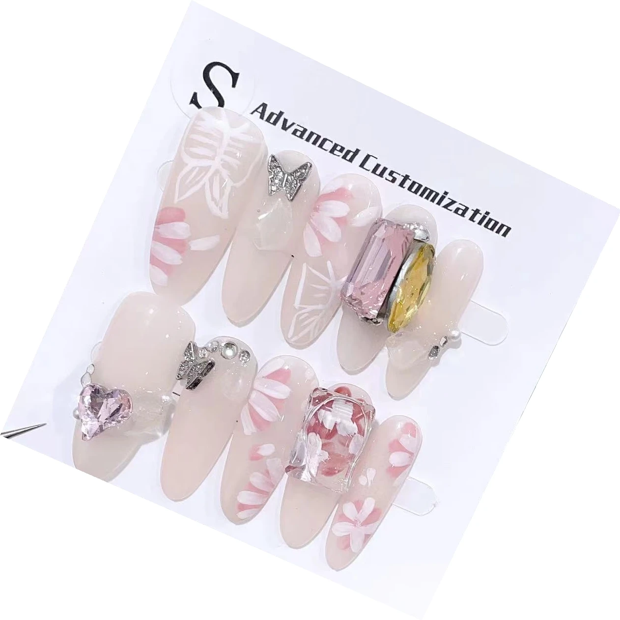 

Heart Ice Butterfly Detachable Reusable High-Quality Elegant Luxurious Whitening Handmade Press On Nails .No.E407