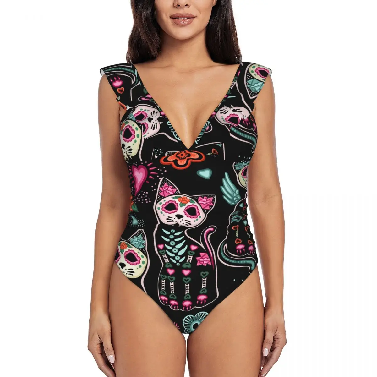 Ruffle 2023 Women Sexy One Pieces Swimsuit Swimwear Female Day Of The Dead And Halloween Cats Monokini Bathing Suit Beachwear