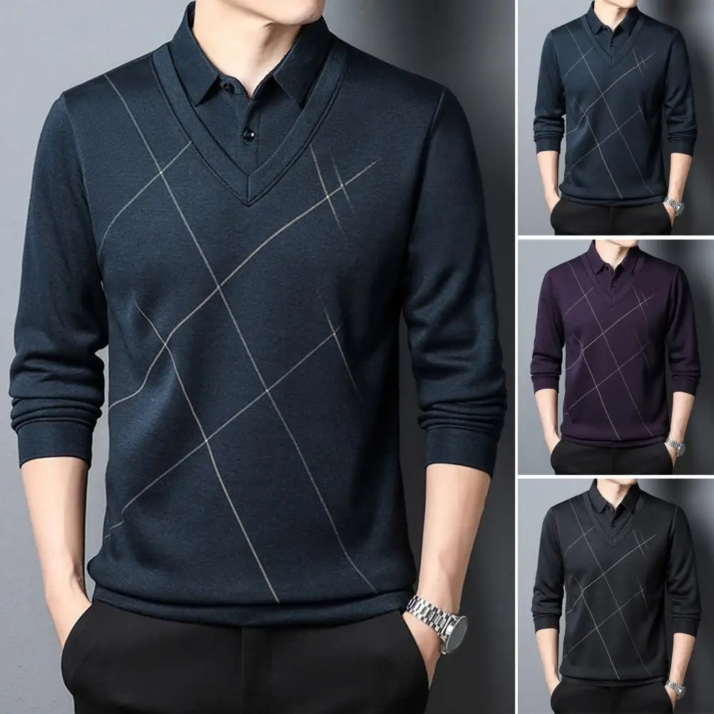 Men Long-sleeved Shirt Business Style Men's Pullover with Fake Two-piece Design Turn-down Collar Elastic Cuff Printed Solid