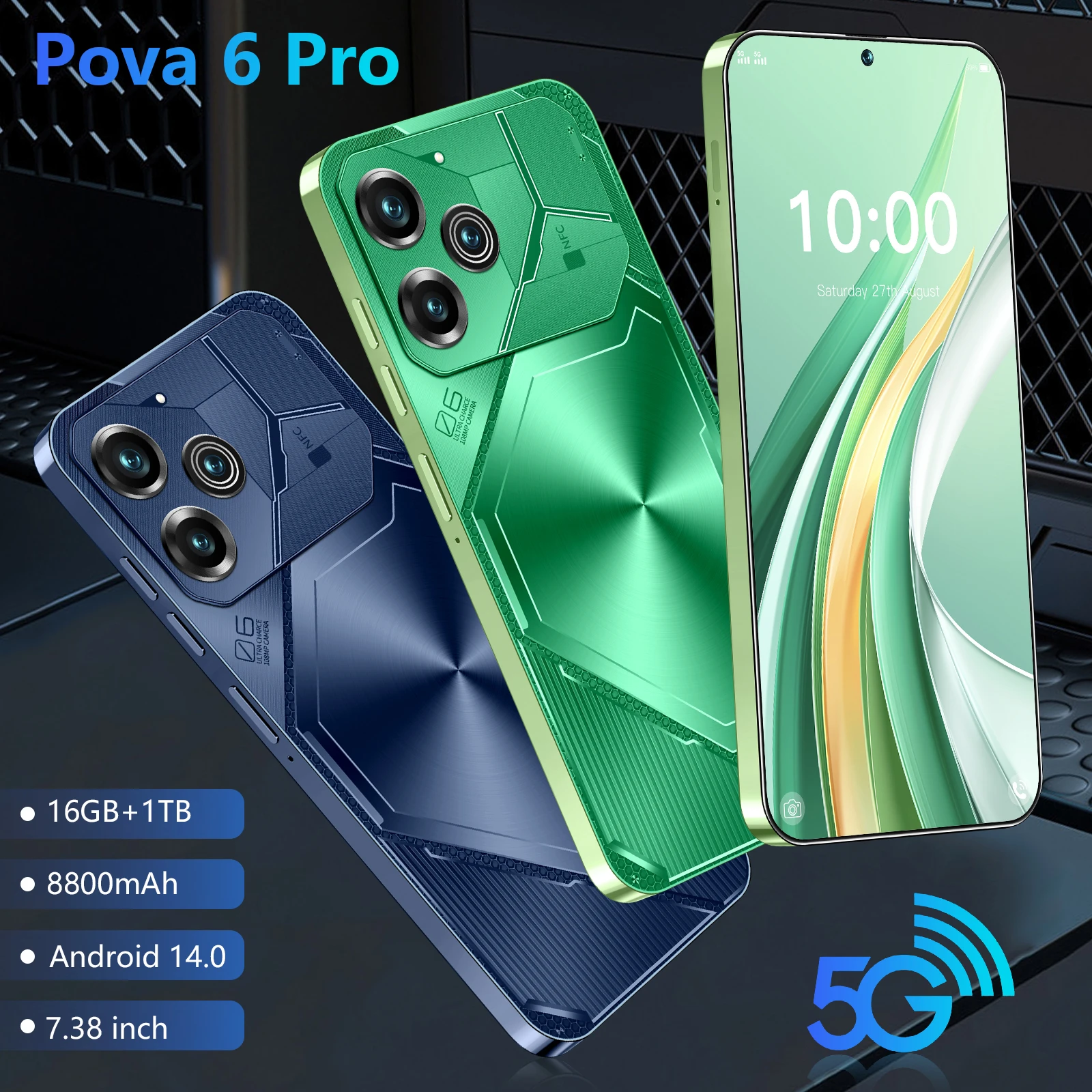 Smartphone Pova 6 Pro Unlocked HD Screen Maximum Memory 16GB+1TB 5G Dual Sim Celulares Android14 Unlocked 8000mAh Cell Celular