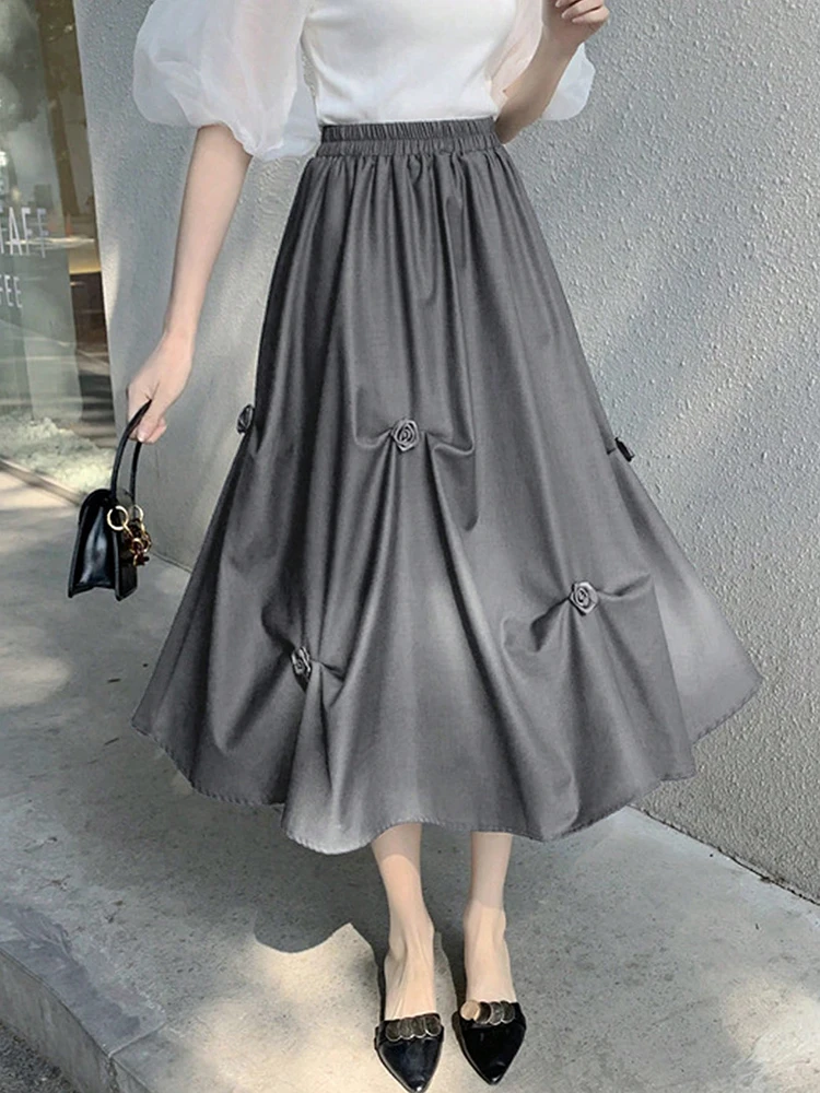 

Stylish Solid A-line Skirts for Women Rose Decoration High Elastic Waist Long Skirt Woman Clothing Elegant Women's Skirts