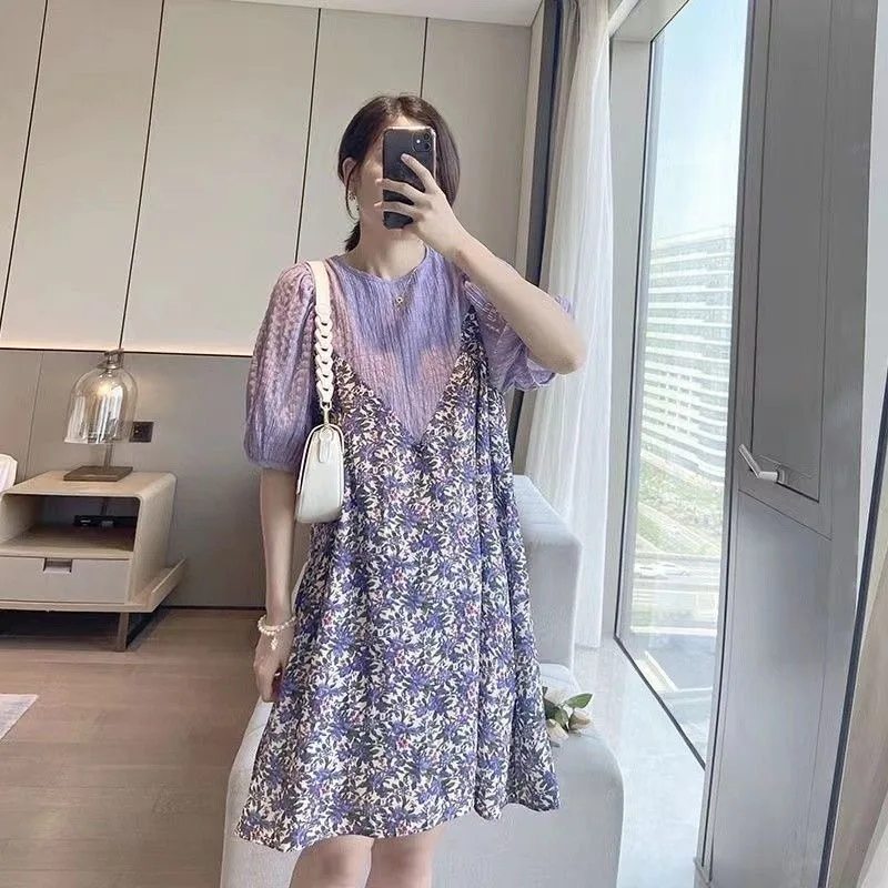 Pregnant Women's Summer Dress Medium Length Loose Fit Large Size Reduced Age Floral Chiffon Splicing Fake Two-piece Trend Skirt