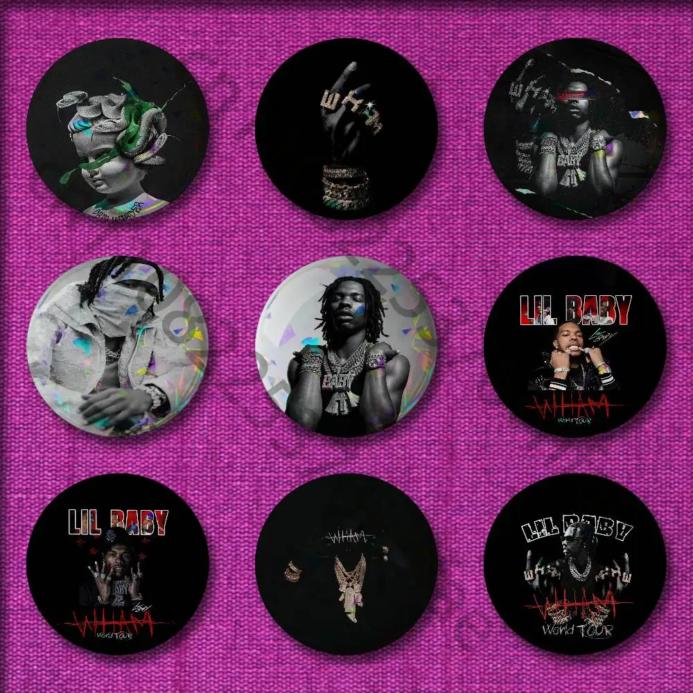 

L-Lil Baby WHAM Drip Harder Badges 32mm 25mm 44mm 75mm 58mm Round Pin Brooch Hat Cap Souvenir Cosplay Gift Decorations