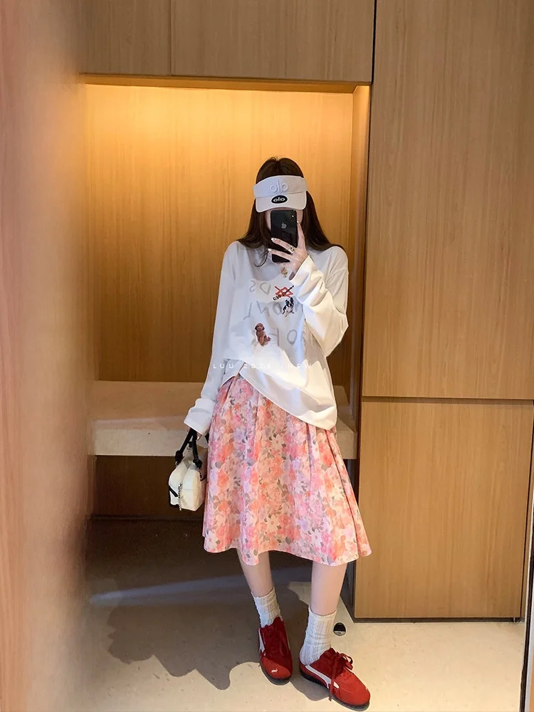 

Женская юбка миди А-силуэта LUU с цветочным принтом, весенне-осенняя, свободного кроя, в корейском стиле, с завышенной талией, для повседневной носки