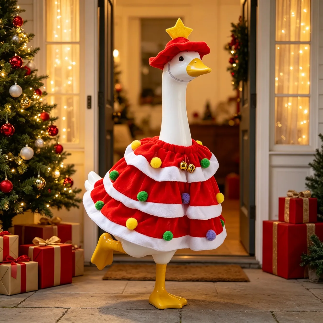 New Year Holiday Christmas Tree Themed Outfit Dress Headwear Hat Cape Accessory For 23 Inch Porch Goose Dress Up Without Statue