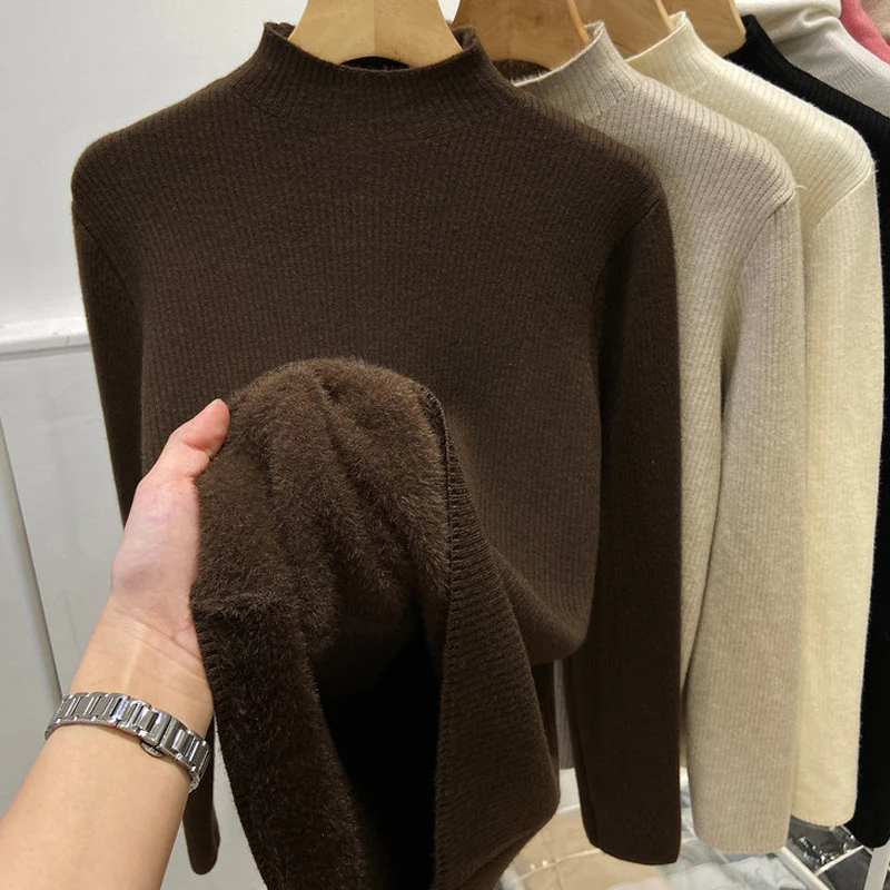 

Women Versatile Half High Collar Long Sleeved Sweater Autumn Winter Slim Appear Thin Simplicity Solid Knitted Bottoming Shirt