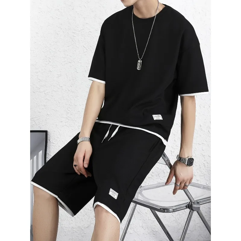

Men's summer thin fashion casual set, youth outdoor sports round neck short sleeved shorts two-piece set, breathable sportswear