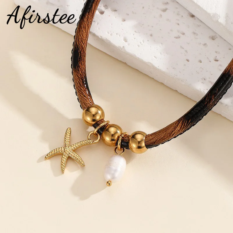 

Afirstee Ocean Series Leopard Print Rope Necklace Multiple Marine Life Pendants For Women Charming Jewelry Girls Birthday Gifts