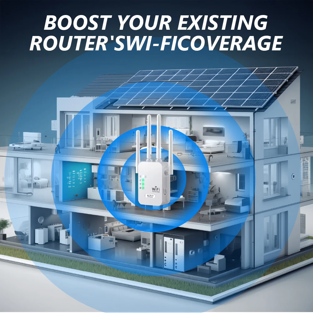 WiFi Extender 300Mbps, 2.4Ghz, With 4 Antennas, 360° Full Coverage for 35+ Devices, Ethernet Port & 1-Tap Setup - Boost Signal