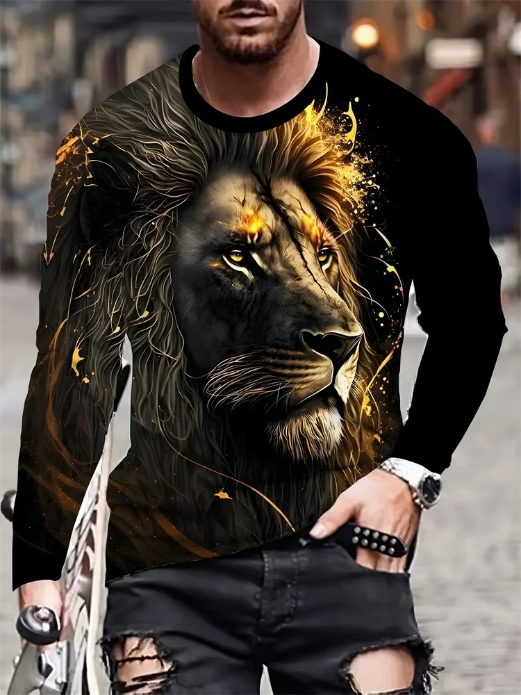 A Powerful King And Lion 3D Printed Men's Casual Round-neck Top, An Urban Street Fashion Men's Autumn T-shirt, Simple And Casual