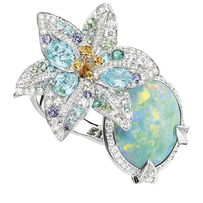 Classic Ladies Fashion Colorful Flower Opal White Zirconia Crystal Female Alloy Ring for Women Party Jewelry Accessories