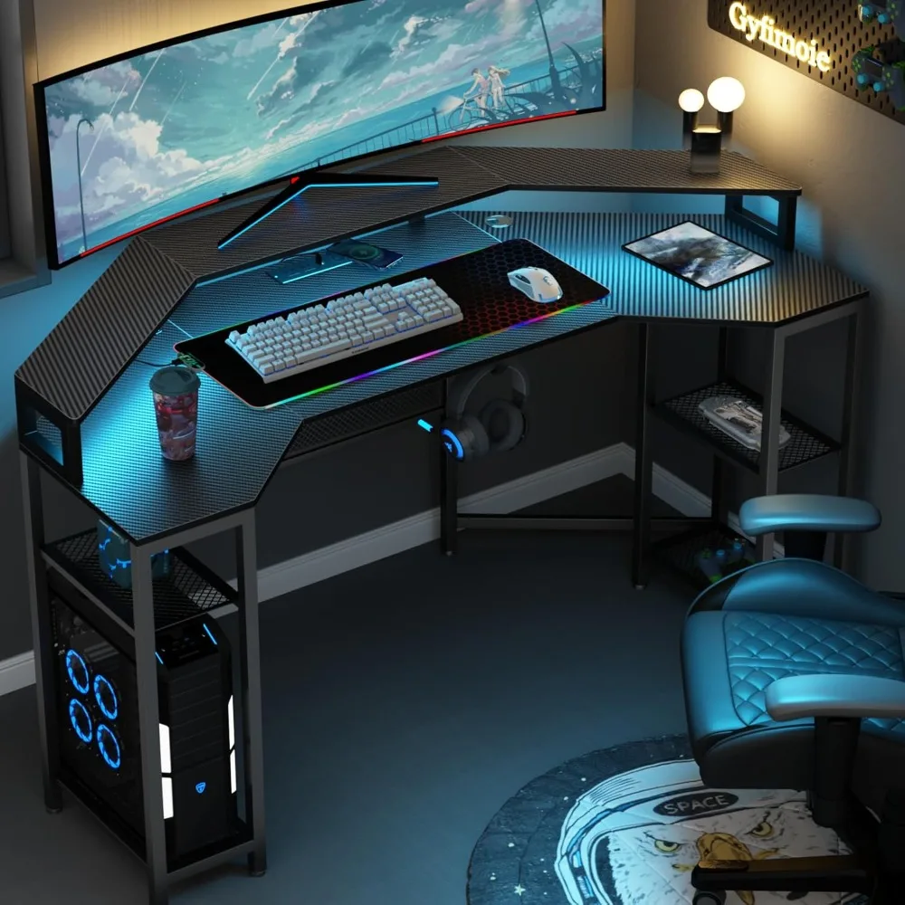 

Computer Desk with Power Outlet & Led Light, 63" Large Wing-Shaped Gaming Desk with Full Monitor Stand, Wireless Charging, RGB