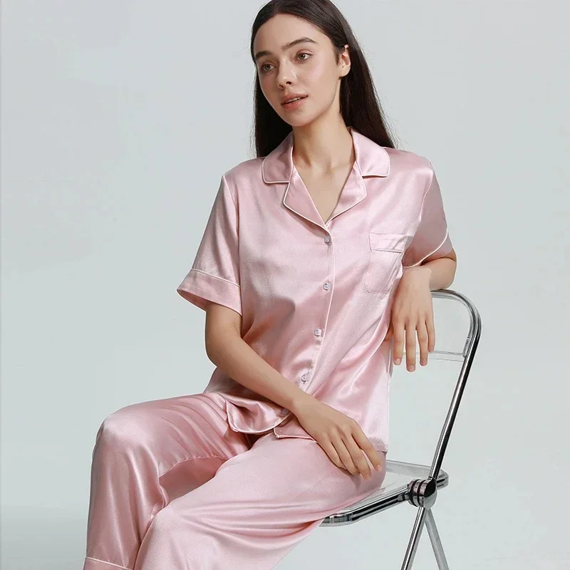 

22MM 100% Mulberry Silk Casual Short Sleeve Pajamas Button Up Lapel Top & Pants PJ Women's Sleepwear Lounge Set Nightwear Pajama