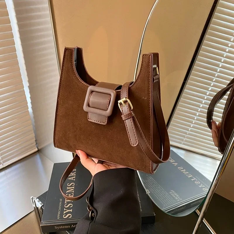 Faux Suede Half Moon Fashion Hot Trendy Shoulder and Crossbody Bags Solid Hasp Retro Super Cool Handbags for Women 2024 New