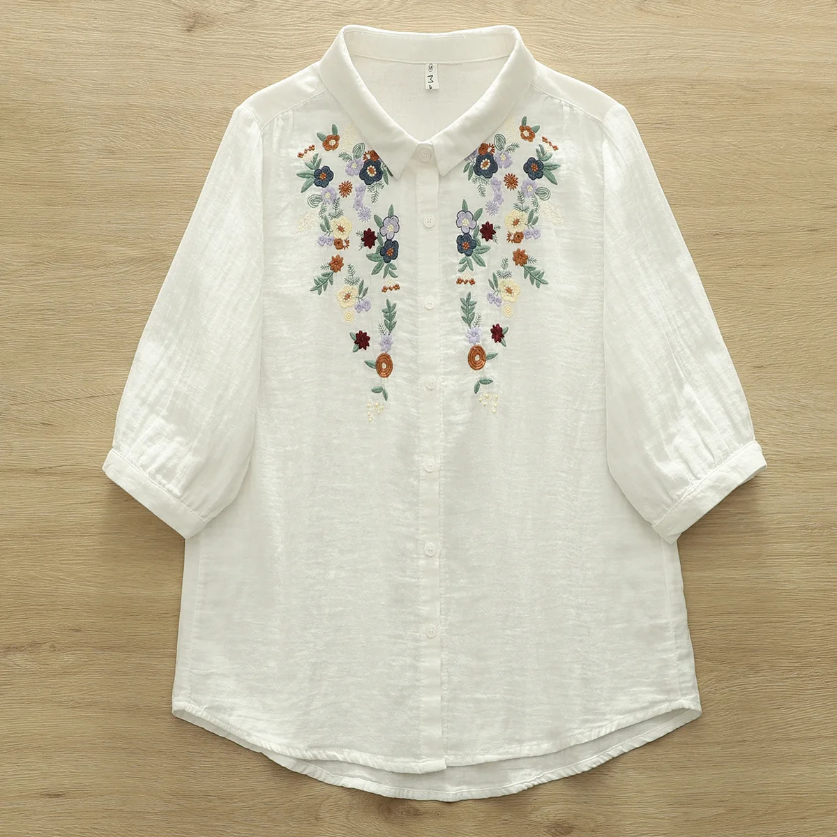 Nieuw zomershirt van katoengaren met 3/4 mouwen, dames revers bloemenborduurwerk, Mori Girl zachte OL delicate losse blouse T54359CC
