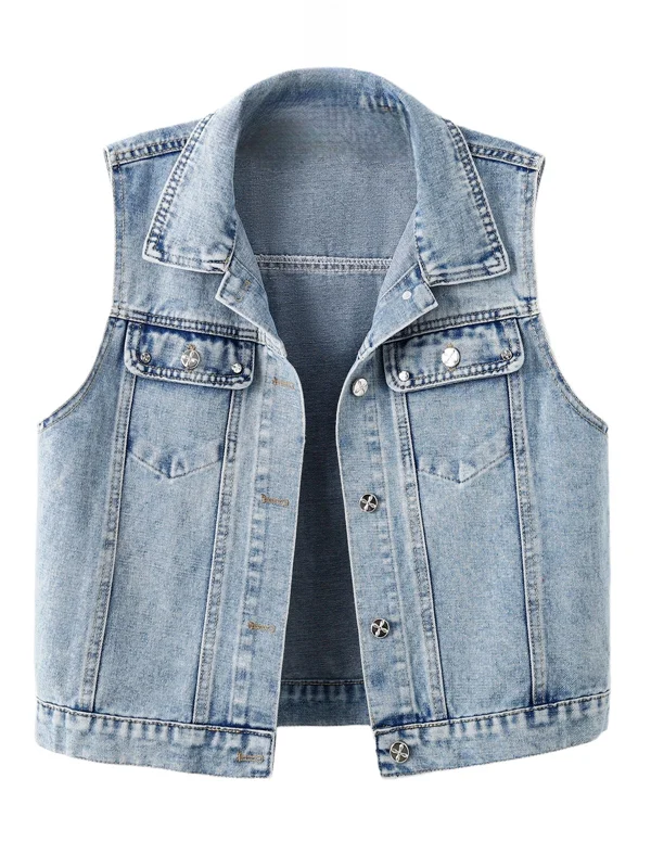 Damska kamizelka jeansowa na wiosnę i jesień, luźna, codzienna, uniwersalna, bez rękawów, odzież wierzchnia, z poduszkami na ramiona, kołnierz.