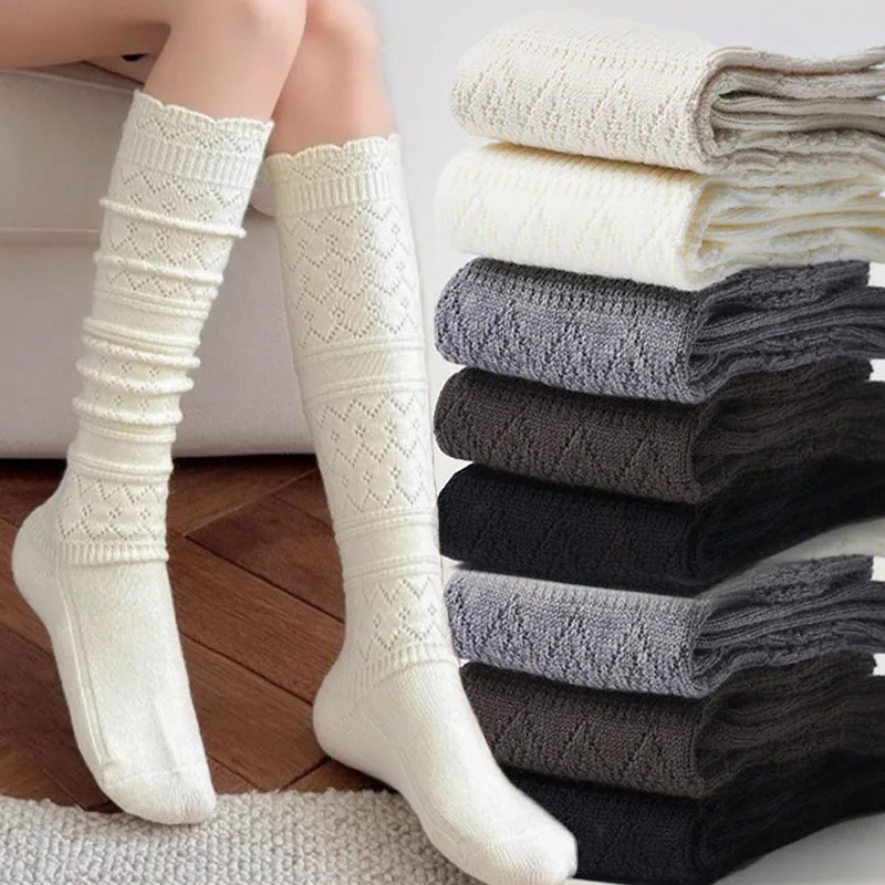 

Однотонные полые носки-ботинки для девочек, весенне-осенние вязаные носки в стиле Харадзюку с длинными трубками, связанные крючком, женские длинные хлопковые чулки