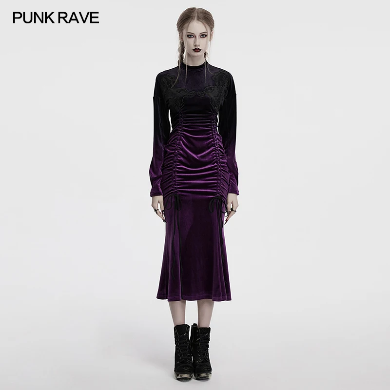 PUNK RAVE Women's Goth Velvet Gradient Design Adds Layers Dress Fishtail Hem Elegance Aesthetics Adjustable Pleats Long Dresses
