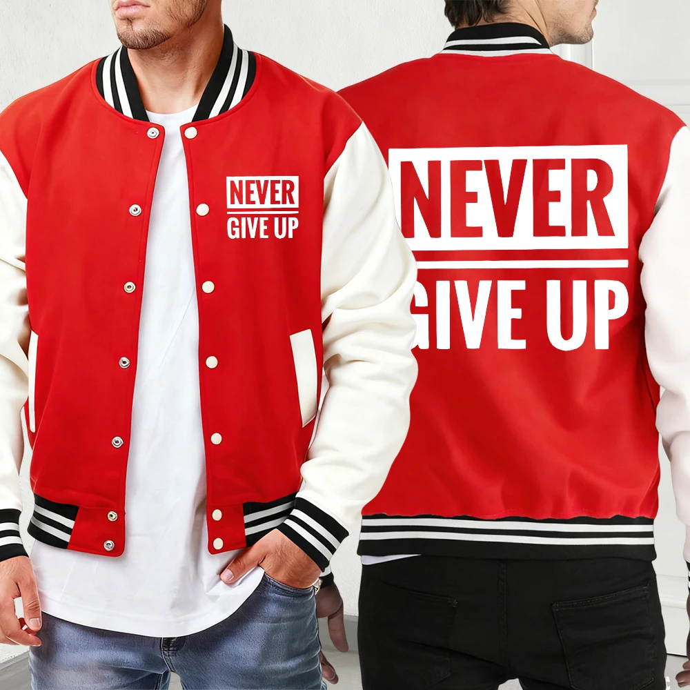 

Never Give Up Print Sportswear Unisex Fashion Pocket Jackets Autumn Classic Baseball Uniform Mens Loose High Street Menswear