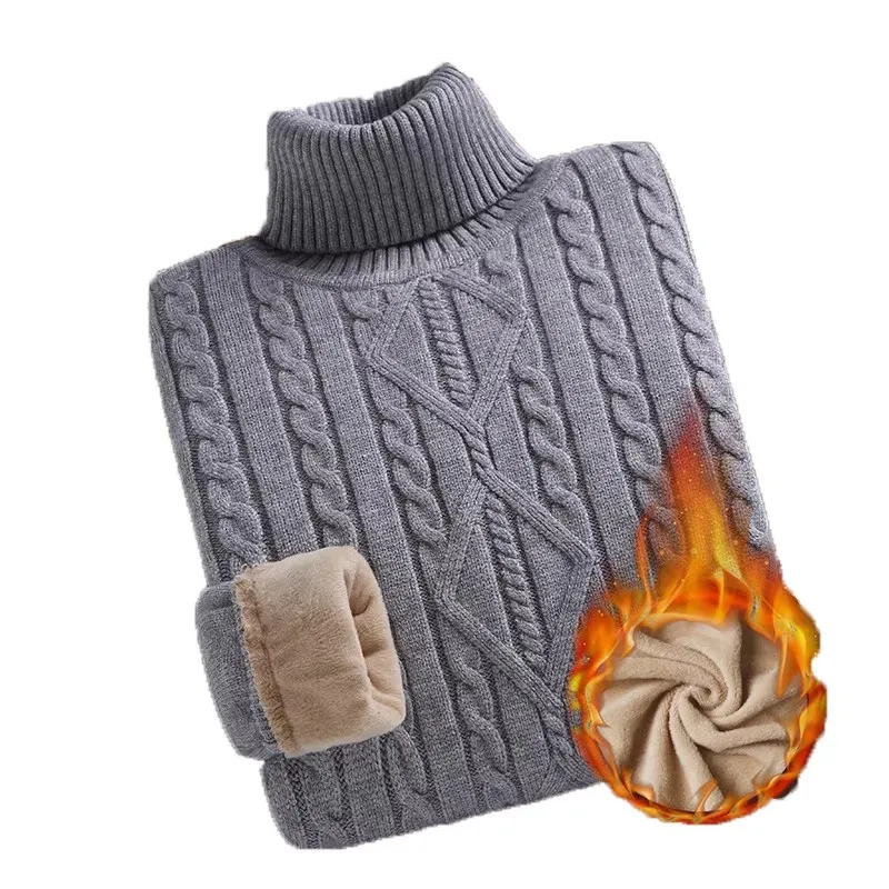 New Turtleneck Sweaters Men Autumn Winter Thick Knitted Sweaters Added Velvet Solid Color Casual Base Pullovers