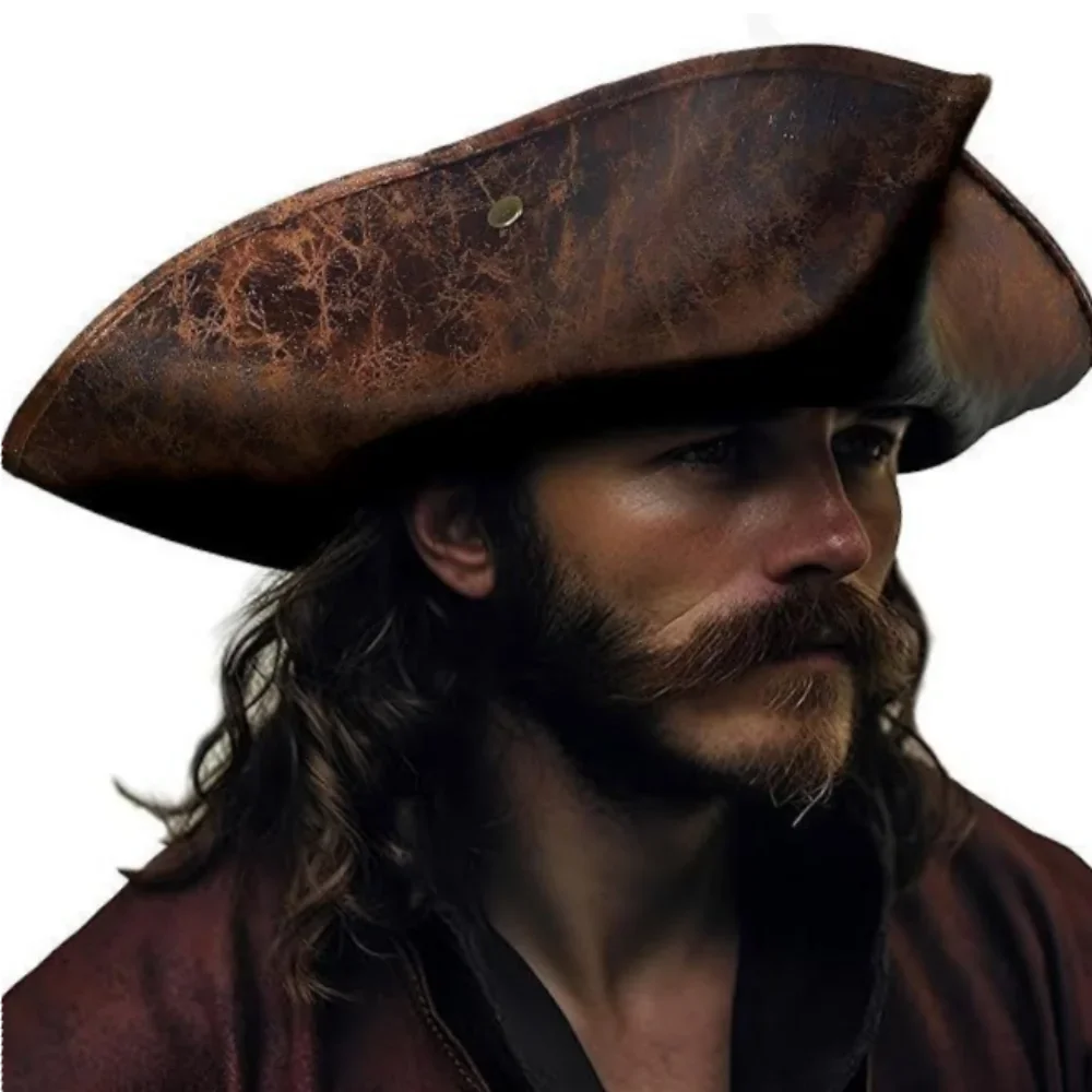 زي القراصنة، ملابس فاخرة، قبعة قرصان من الجلد الصناعي البني للبالغين، قبعة مثلثة للهالوين، إكسسوار زي قوطي #1