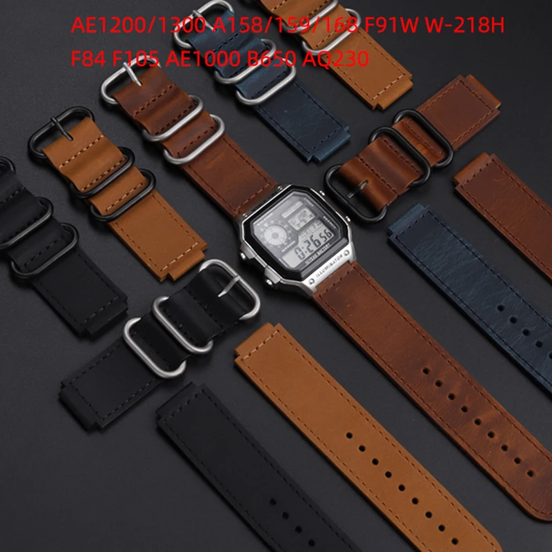 For Casio A158/A168/AE1200/1300/W-218H W-218H A159 Modified Retro Vintage Cowhide Watch Strap Bracelet Watchband Brown 18mm