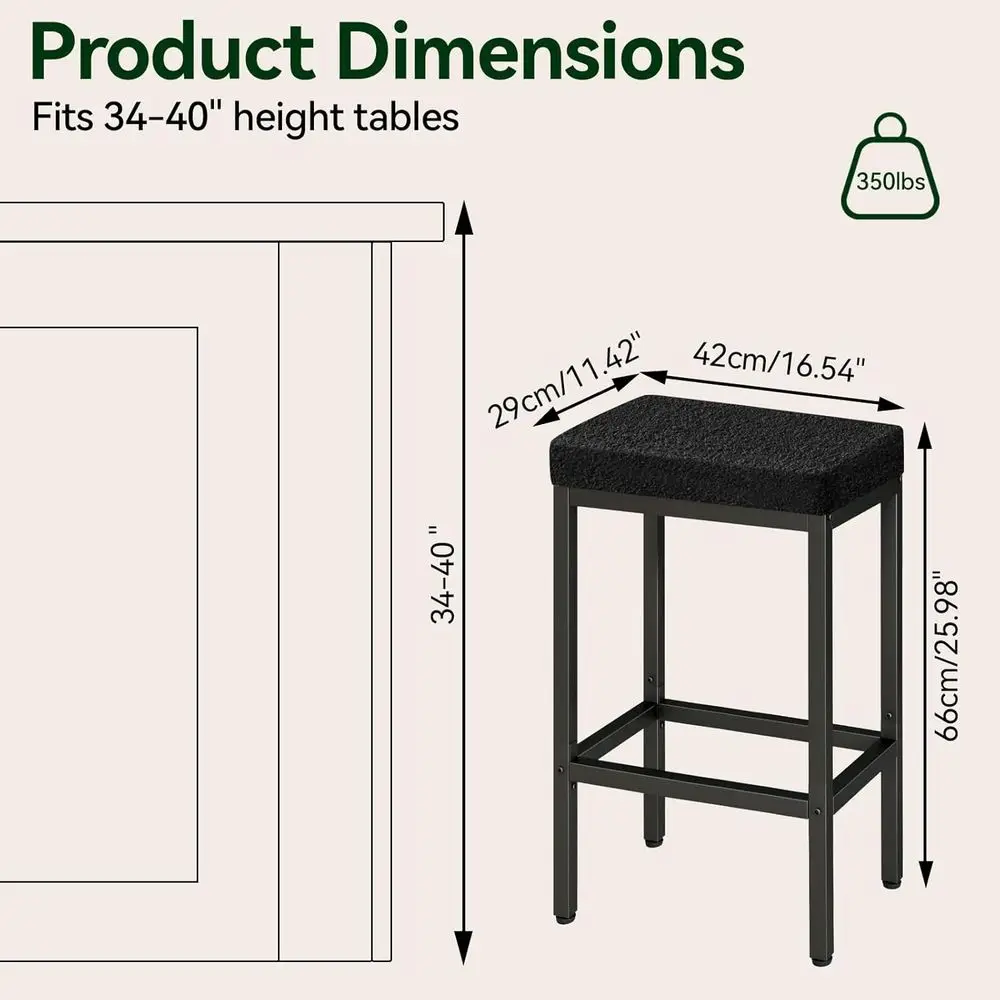 Pair of 26 Black Modern Counter Height Bar Stools with Metal Legs for Kitchen Island and Living Room