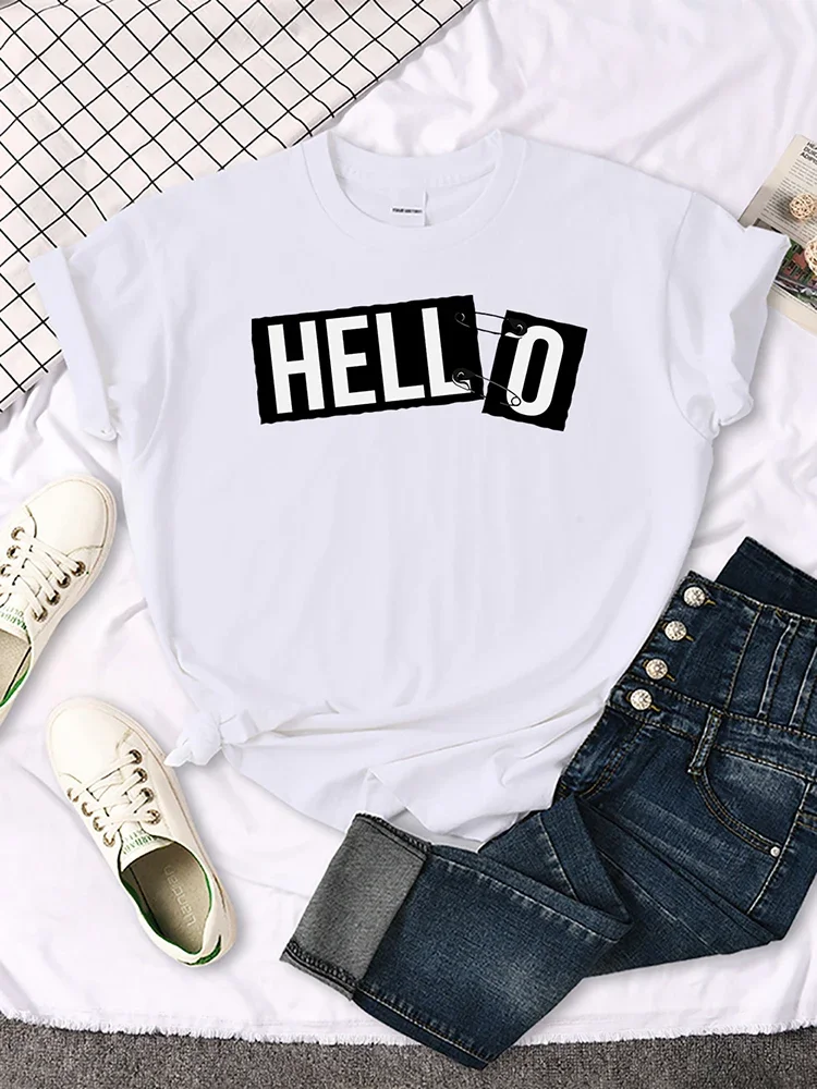 T Shirt Letters Hello Print Crop Top Soft Hipster  O-Neck Short Sleeve Casual Regular Individual Loose Skin-Friendly Tees