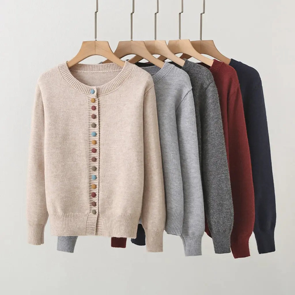 

B1YUE-1007 Women's Korean Style Knitted Cardigan Autumn Winter French Style Sweater Color Buckle Design Wholesale